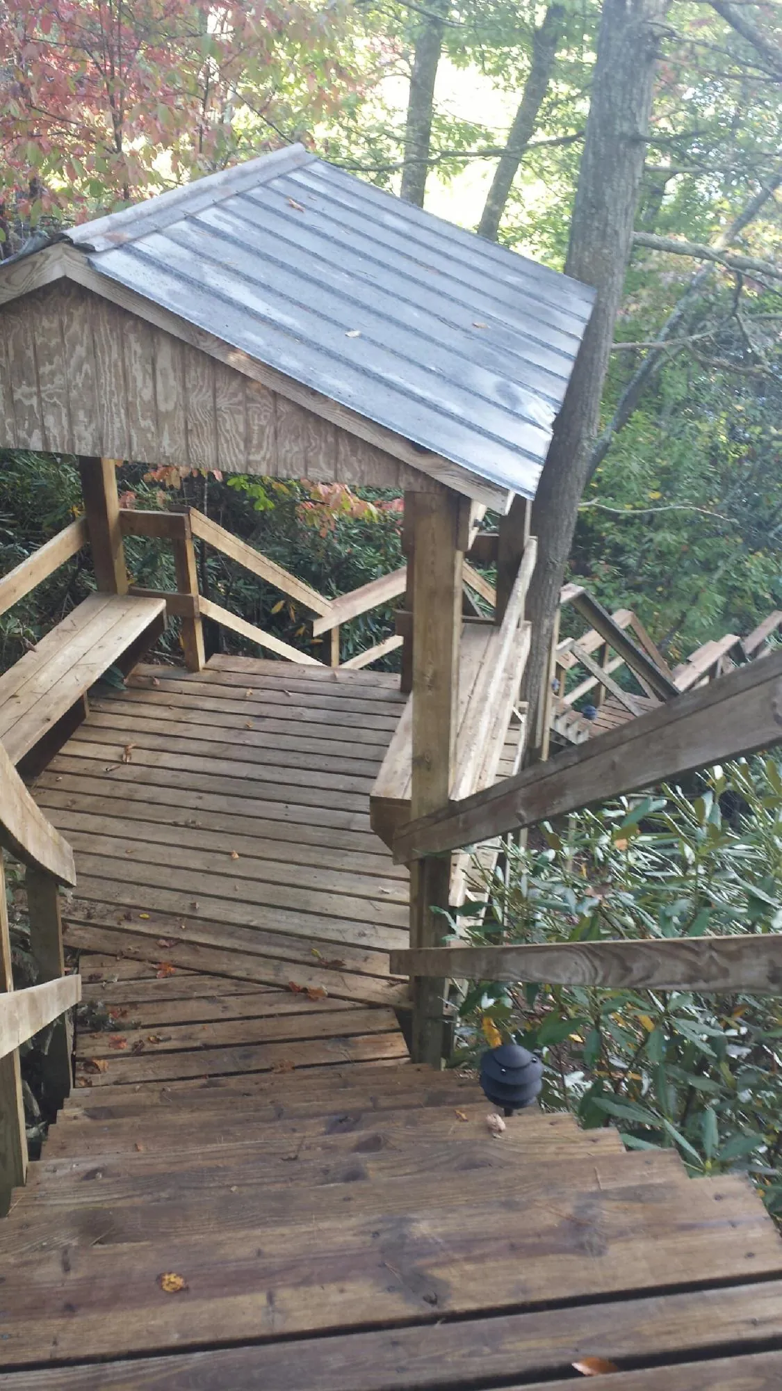 Metal roofed shelter over wooden steps on a wooded walkway — Skylight Repair & Installation work by our crew in Inglis